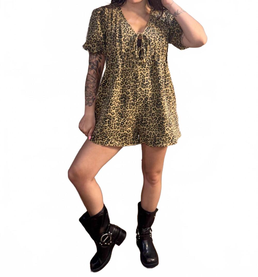 NEW MAIN STRIP eleanor tie front denim romper in leopard